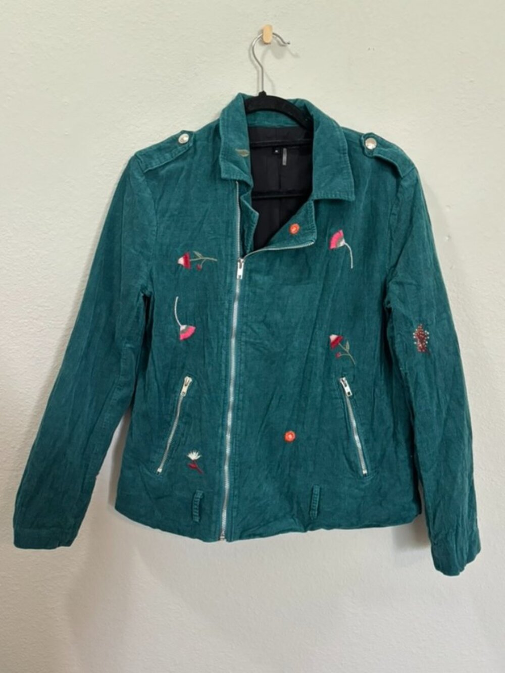 English Factory Floral Embroidered Green Corduroy Jacket Size Medium